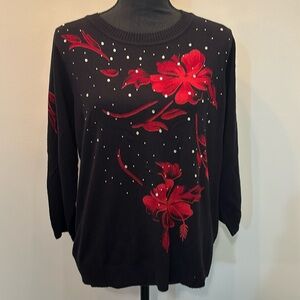 Rebecca Malone Women’s XL Black Sweater Red Flowers Long Sleeve Crew Rhinestone